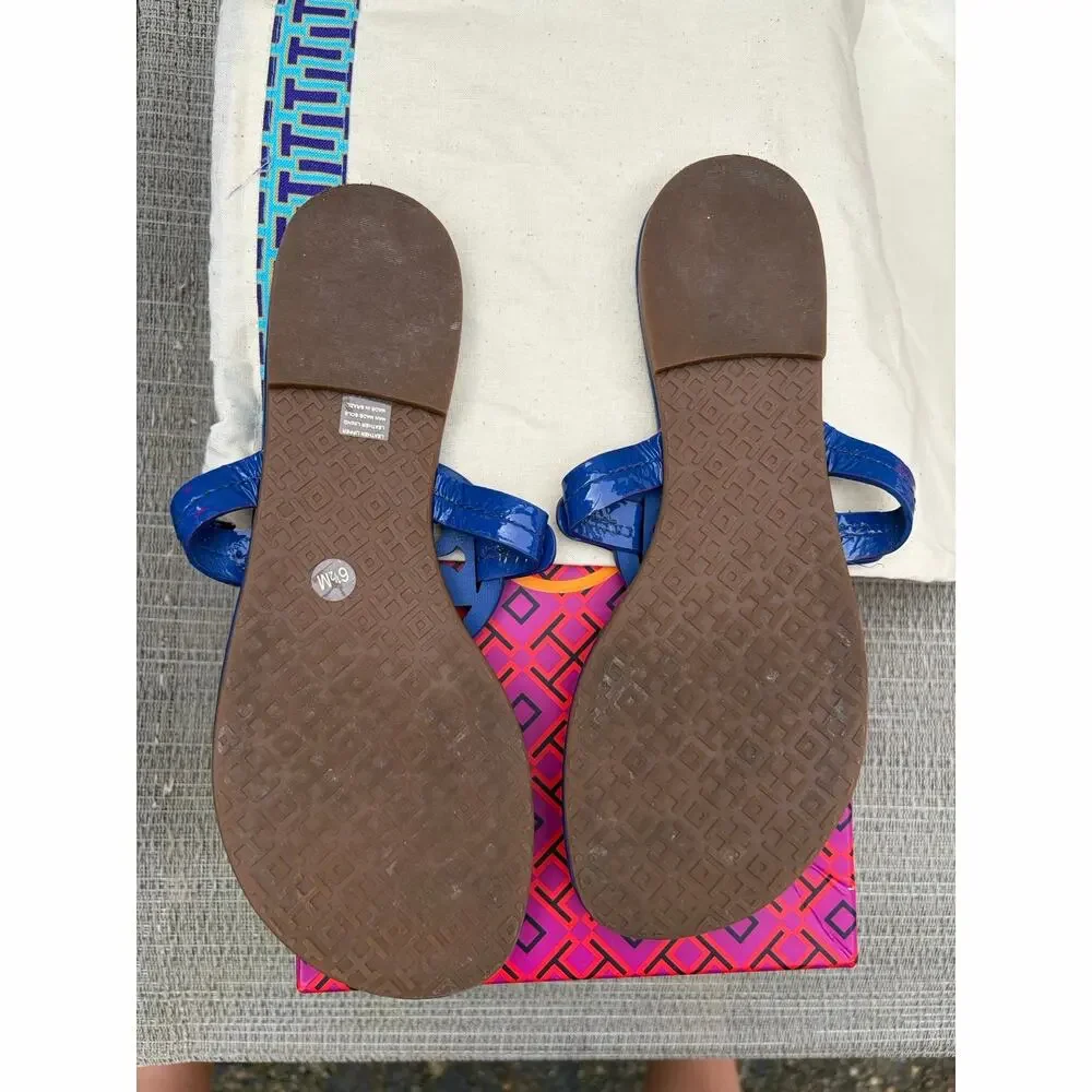 Tory Burch Miller Naplak Patent Leather Sandal Nautical Blue Thong Flat 6.5